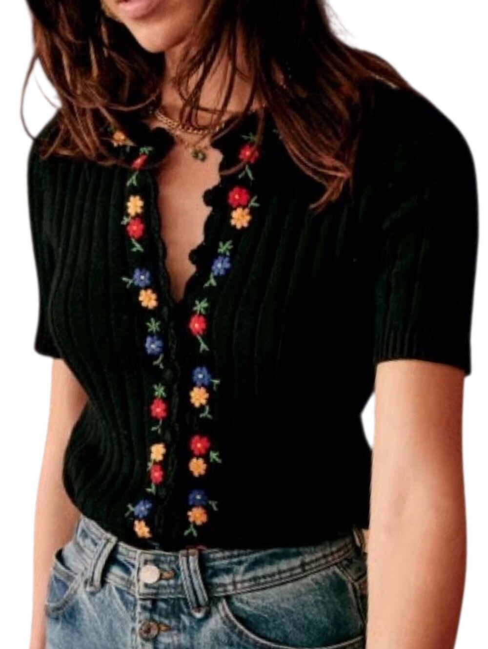 Sézane Ilena Cardigan Women Medium Black Organic Cotton Embroidered
